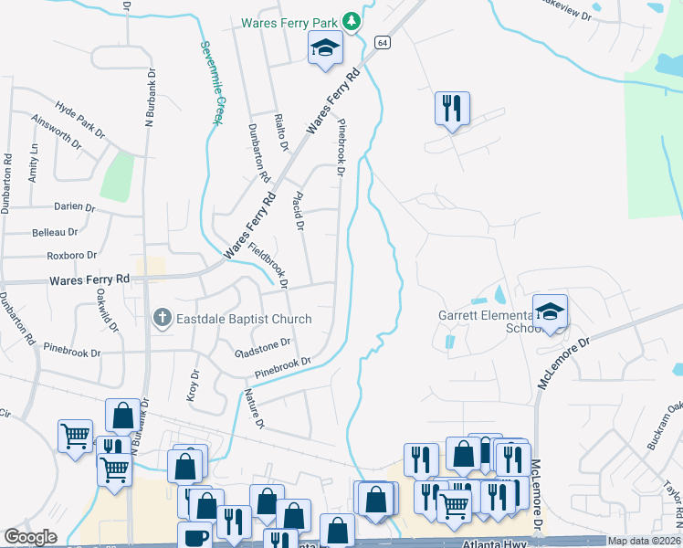 map of restaurants, bars, coffee shops, grocery stores, and more near 6404 Pinebrook Drive in Montgomery