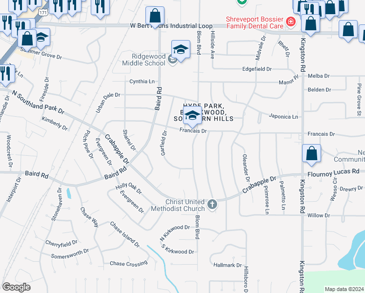 map of restaurants, bars, coffee shops, grocery stores, and more near 2005 Francais Drive in Shreveport