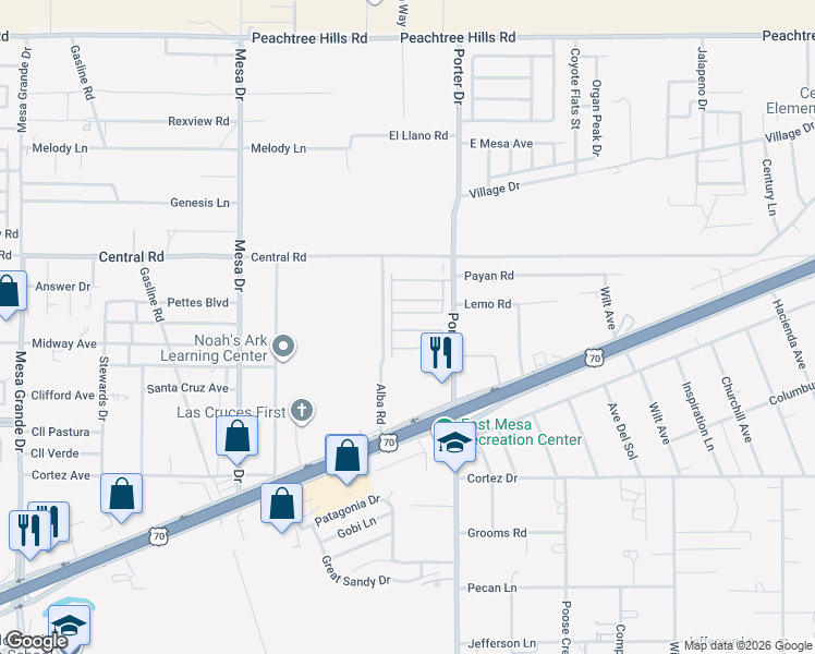 map of restaurants, bars, coffee shops, grocery stores, and more near 5475 Porter Drive in Las Cruces
