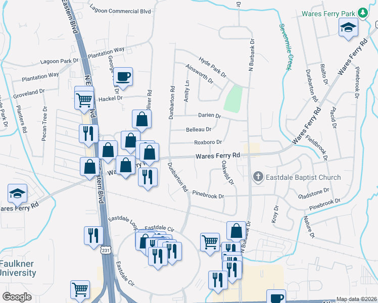 map of restaurants, bars, coffee shops, grocery stores, and more near 343 Benbow Court in Montgomery