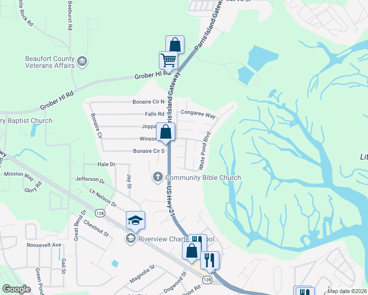 map of restaurants, bars, coffee shops, grocery stores, and more near 2 Hornsborough Court in Beaufort