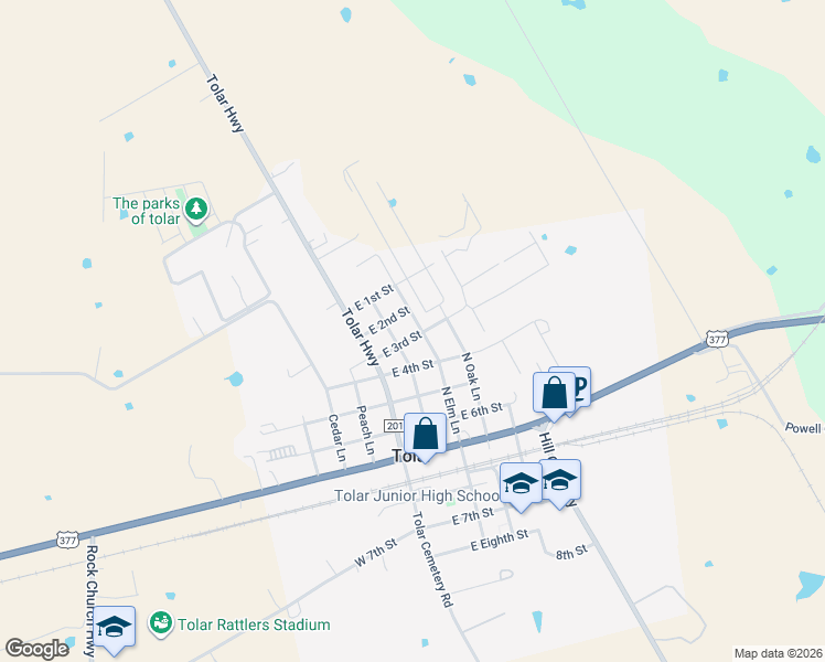 map of restaurants, bars, coffee shops, grocery stores, and more near 206 East 3rd Street in Tolar