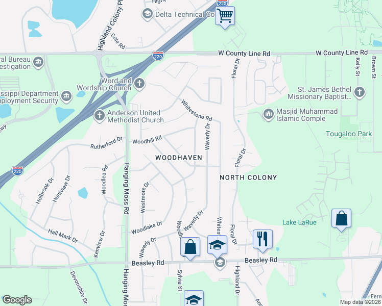 map of restaurants, bars, coffee shops, grocery stores, and more near 536 Woodson Drive in Jackson