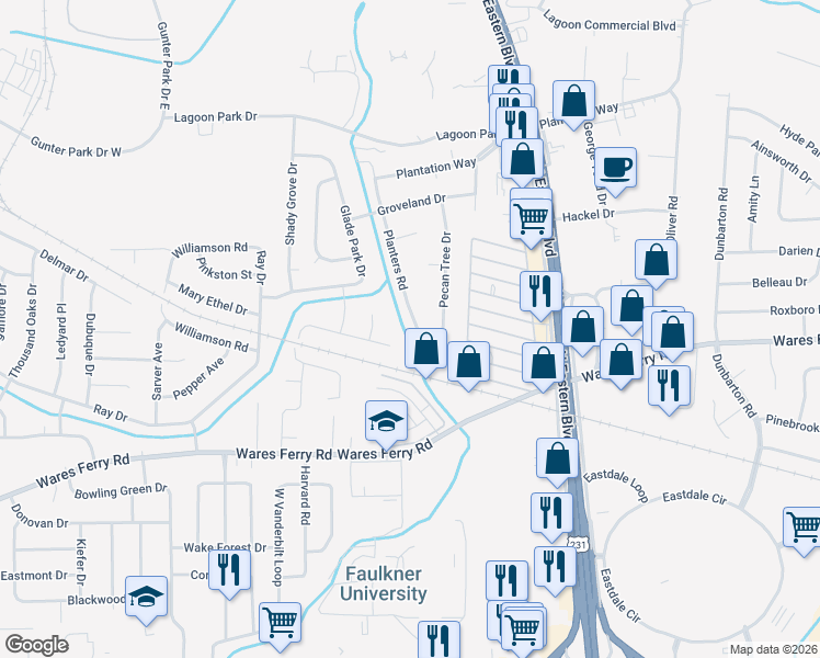 map of restaurants, bars, coffee shops, grocery stores, and more near 421 Planters Road in Montgomery
