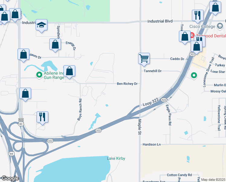 map of restaurants, bars, coffee shops, grocery stores, and more near 401 Ben Richey Drive in Abilene