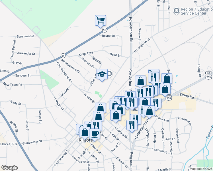 map of restaurants, bars, coffee shops, grocery stores, and more near 711 N Longview St in Kilgore