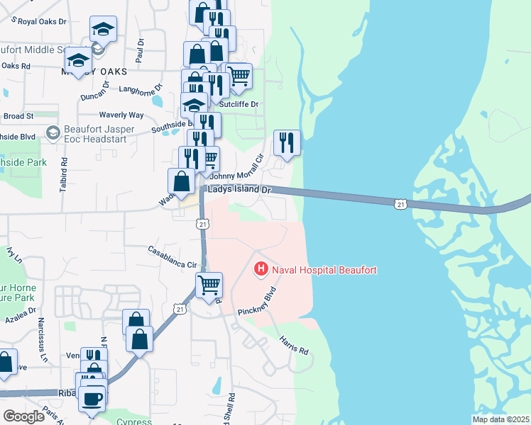 map of restaurants, bars, coffee shops, grocery stores, and more near 1231 Ladys Island Drive in Port Royal