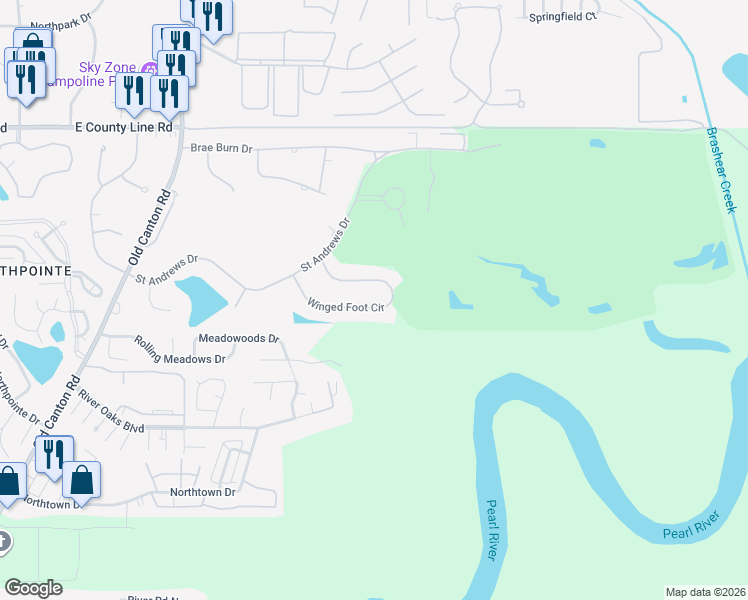 map of restaurants, bars, coffee shops, grocery stores, and more near 165 Winged Foot Circle in Jackson