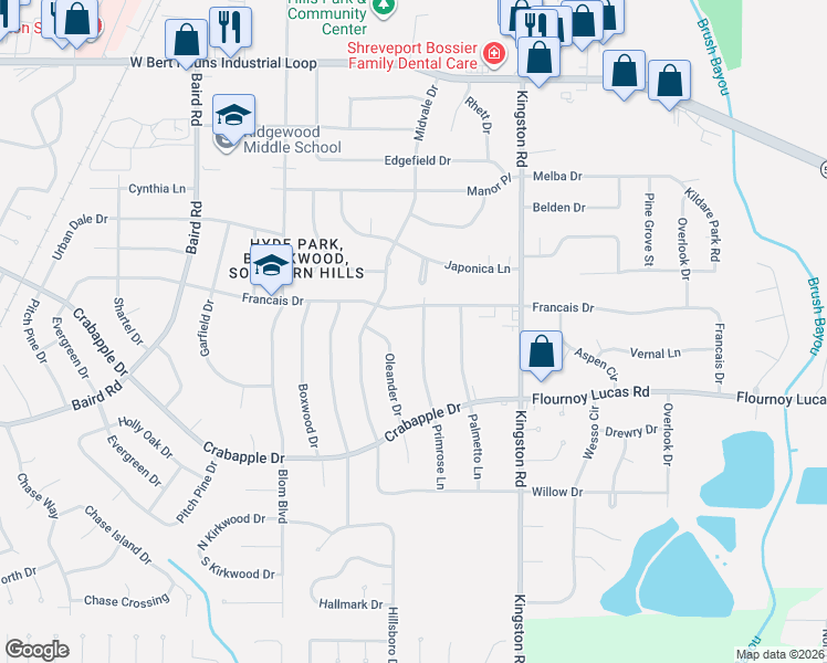 map of restaurants, bars, coffee shops, grocery stores, and more near 9424 Primrose Lane in Shreveport