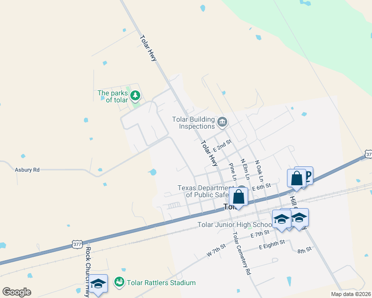 map of restaurants, bars, coffee shops, grocery stores, and more near 425 Cedar Lane in Tolar
