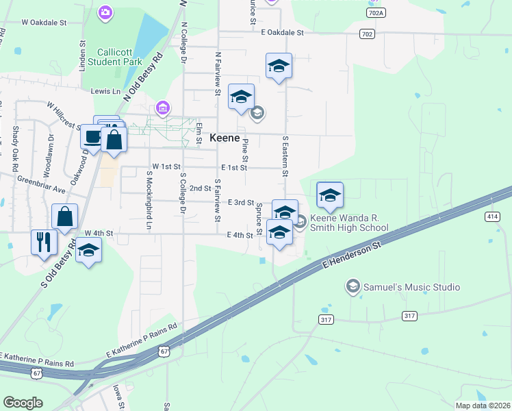 map of restaurants, bars, coffee shops, grocery stores, and more near 301 Ash Street in Keene