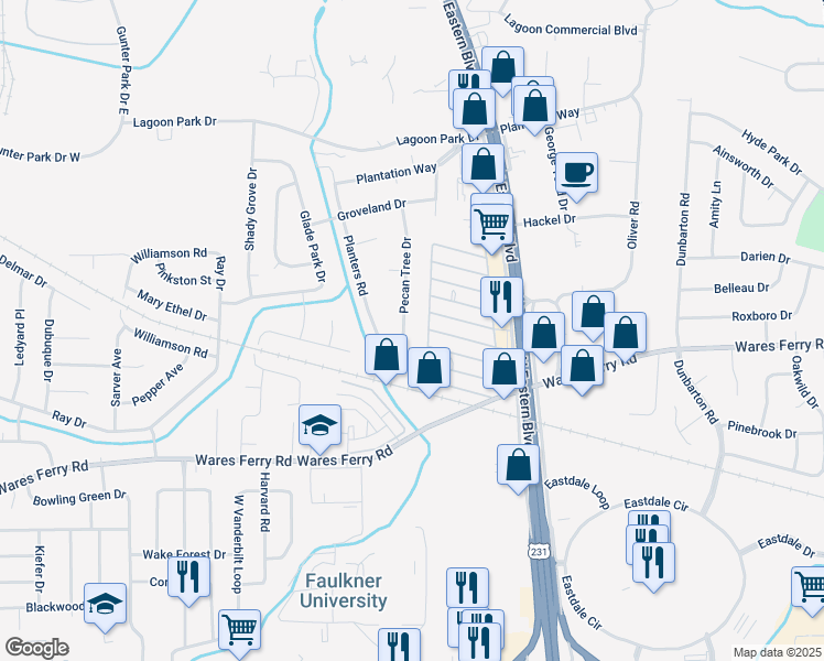 map of restaurants, bars, coffee shops, grocery stores, and more near 420 Pecan Tree Drive in Montgomery