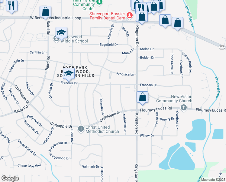 map of restaurants, bars, coffee shops, grocery stores, and more near 9411 Primrose Lane in Shreveport