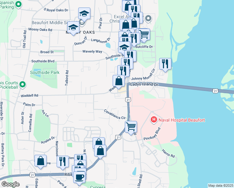 map of restaurants, bars, coffee shops, grocery stores, and more near 2213 State Road S-7-233 in Port Royal