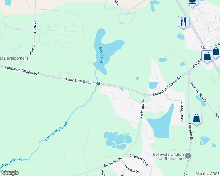 map of restaurants, bars, coffee shops, grocery stores, and more near 359 Langston Chapel Road in Statesboro