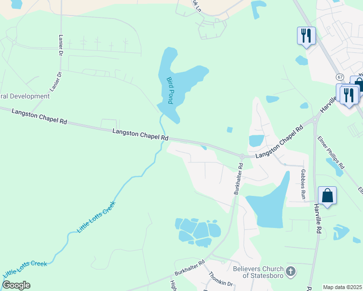 map of restaurants, bars, coffee shops, grocery stores, and more near 359 Langston Chapel Road in Statesboro