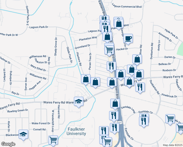 map of restaurants, bars, coffee shops, grocery stores, and more near 420 Pecan Tree Drive in Montgomery