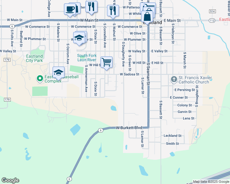 map of restaurants, bars, coffee shops, grocery stores, and more near 900 North Connellee Avenue in Eastland