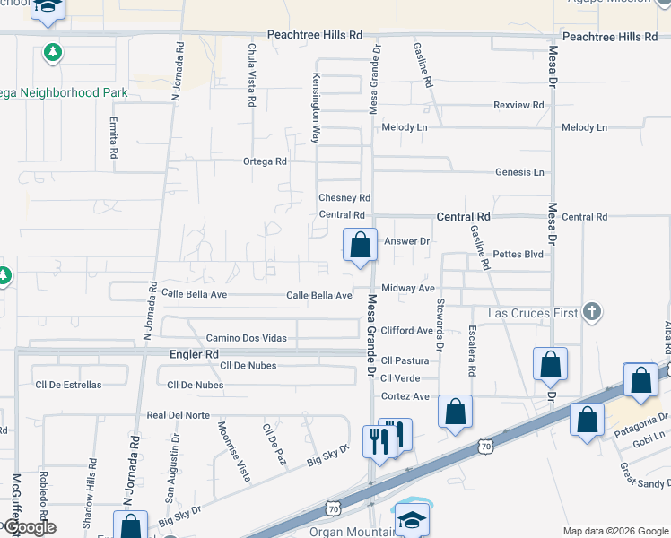 map of restaurants, bars, coffee shops, grocery stores, and more near 6229 Mesa Grande Drive in Las Cruces