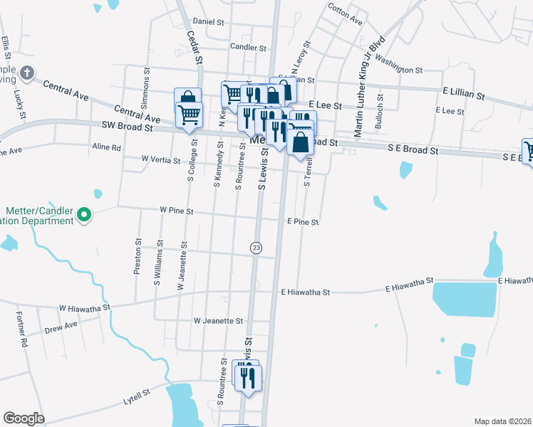 map of restaurants, bars, coffee shops, grocery stores, and more near 270 South Lewis Street in Metter