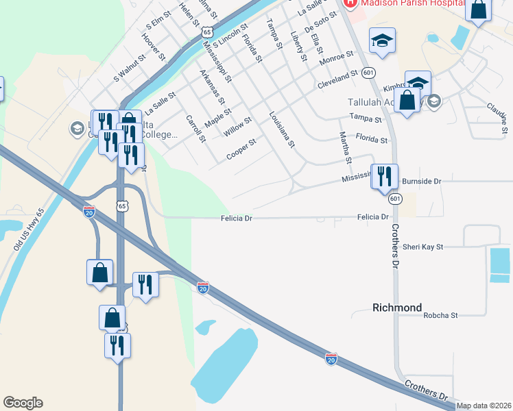 map of restaurants, bars, coffee shops, grocery stores, and more near 322-332 Mcclure St in Tallulah