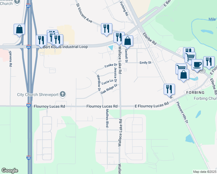 map of restaurants, bars, coffee shops, grocery stores, and more near 103 Lucia Lane in Shreveport
