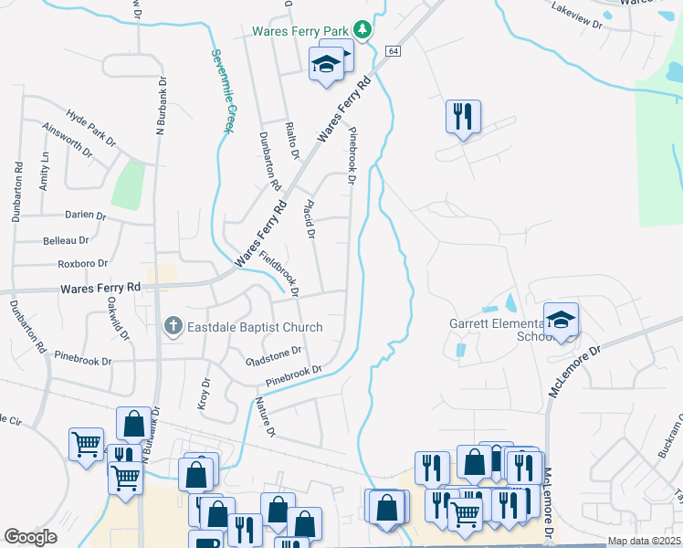 map of restaurants, bars, coffee shops, grocery stores, and more near 6427 Pinebrook Drive in Montgomery