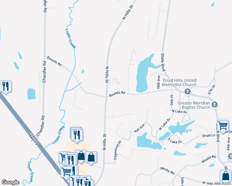 map of restaurants, bars, coffee shops, grocery stores, and more near 6315 Bounds Road in Meridian