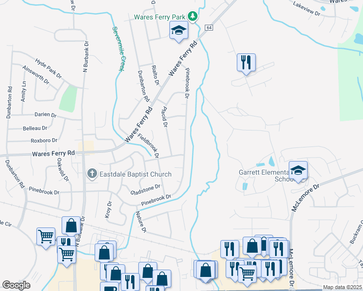 map of restaurants, bars, coffee shops, grocery stores, and more near 6427 Pinebrook Drive in Montgomery