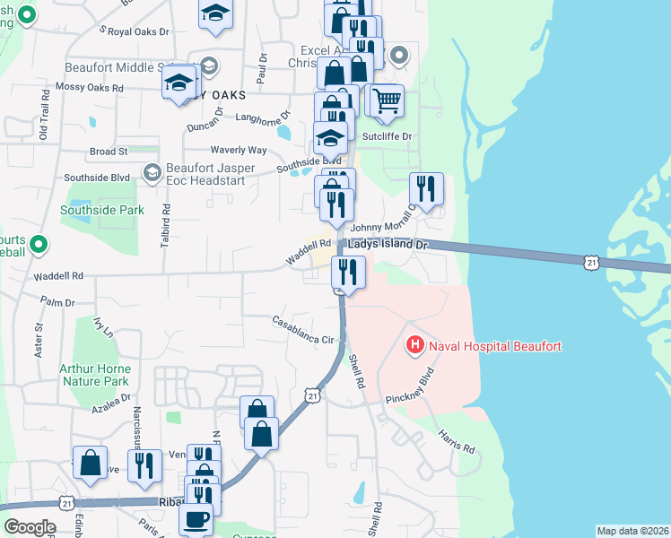 map of restaurants, bars, coffee shops, grocery stores, and more near 1450 Ribaut Road in Port Royal