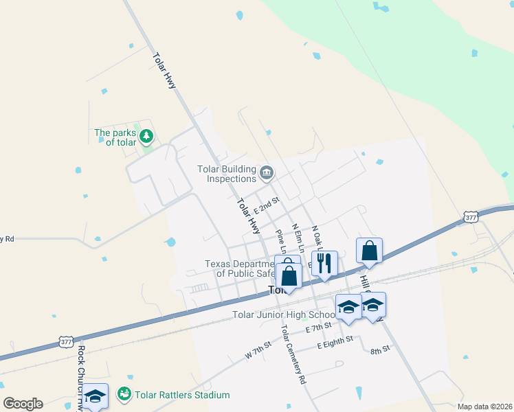 map of restaurants, bars, coffee shops, grocery stores, and more near 106 East 2nd Street in Tolar