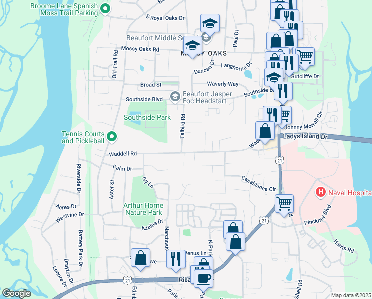 map of restaurants, bars, coffee shops, grocery stores, and more near 1302 State Road S-7-504 in Beaufort