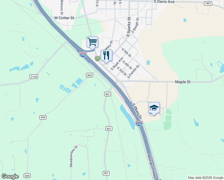 map of restaurants, bars, coffee shops, grocery stores, and more near Farm to Market Road 3136 in Alvarado