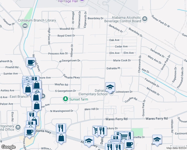 map of restaurants, bars, coffee shops, grocery stores, and more near 3737 Dalraida Parkway in Montgomery