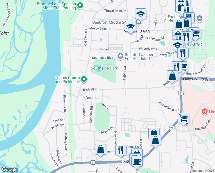 map of restaurants, bars, coffee shops, grocery stores, and more near 2723 State Road S-7-233 in Beaufort