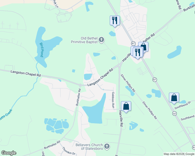 map of restaurants, bars, coffee shops, grocery stores, and more near 1301 Sunset Circle in Statesboro