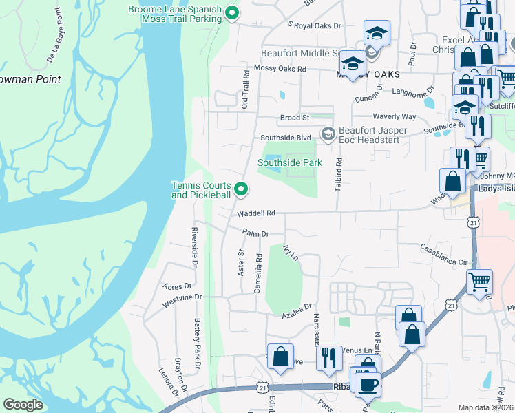 map of restaurants, bars, coffee shops, grocery stores, and more near 2805 State Road S-7-233 in Beaufort