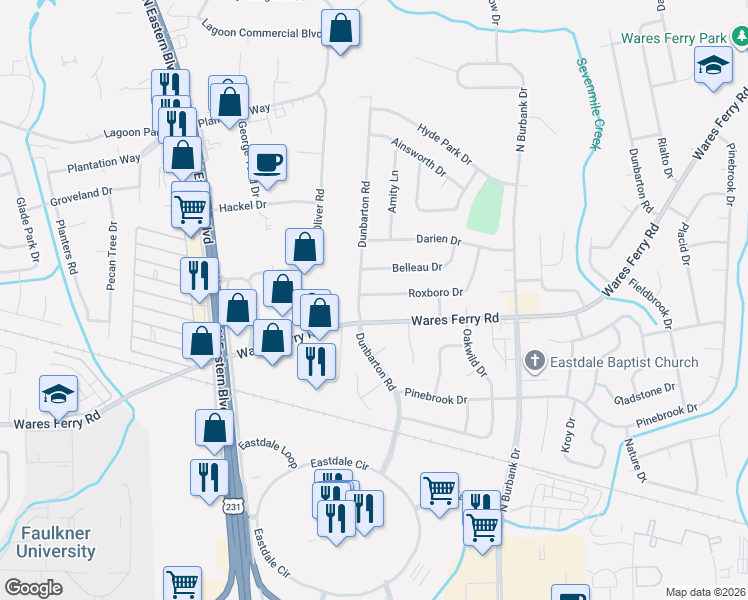 map of restaurants, bars, coffee shops, grocery stores, and more near 690 Dunbarton Road in Montgomery