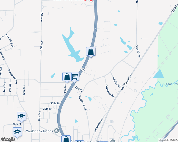 map of restaurants, bars, coffee shops, grocery stores, and more near 3500 Mississippi 39 in Meridian