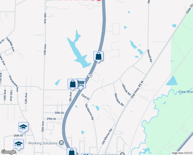 map of restaurants, bars, coffee shops, grocery stores, and more near 3500 Highway 39 North in Meridian