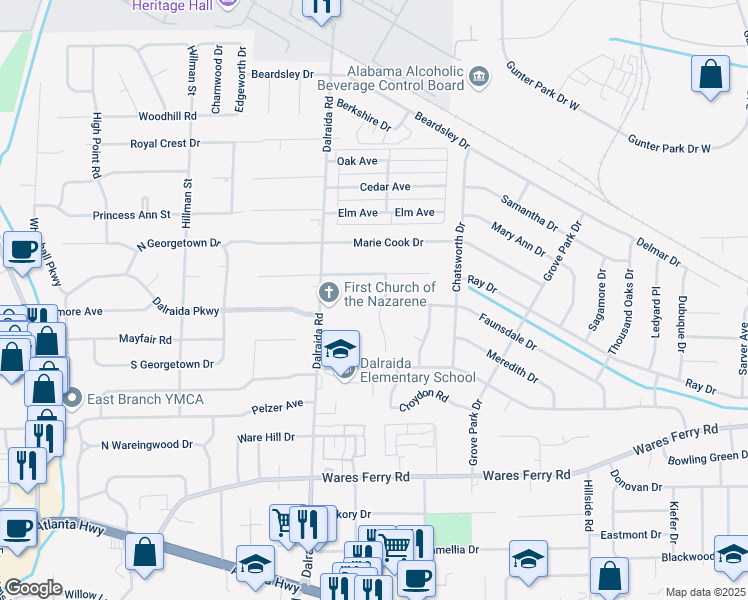 map of restaurants, bars, coffee shops, grocery stores, and more near 500-516 Pinetree Lane in Montgomery