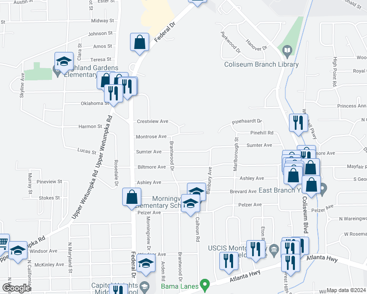map of restaurants, bars, coffee shops, grocery stores, and more near 2817 Sumter Avenue in Montgomery