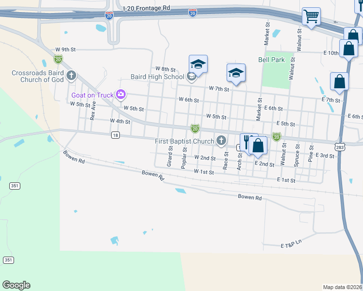 map of restaurants, bars, coffee shops, grocery stores, and more near 600 West 3rd Street in Baird