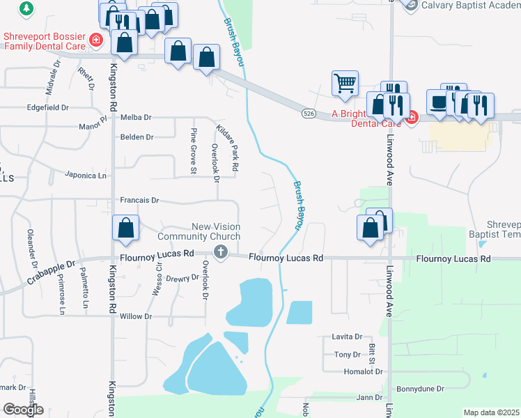 map of restaurants, bars, coffee shops, grocery stores, and more near 799 Beacon Bend Circle in Shreveport