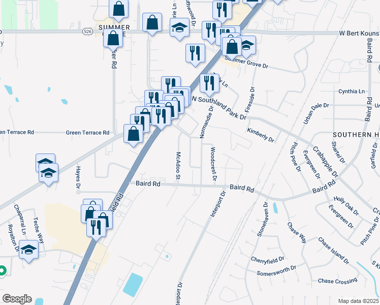 map of restaurants, bars, coffee shops, grocery stores, and more near 9424 Coronado Drive in Shreveport