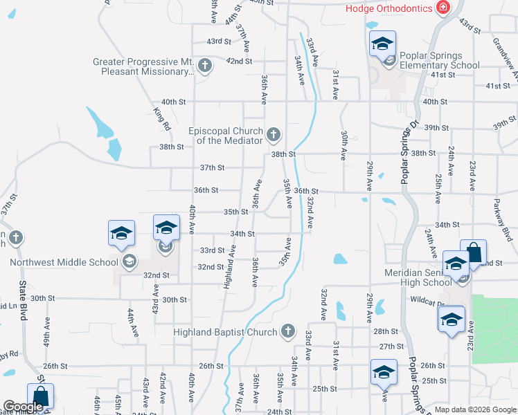 map of restaurants, bars, coffee shops, grocery stores, and more near 3512 36th Avenue in Meridian