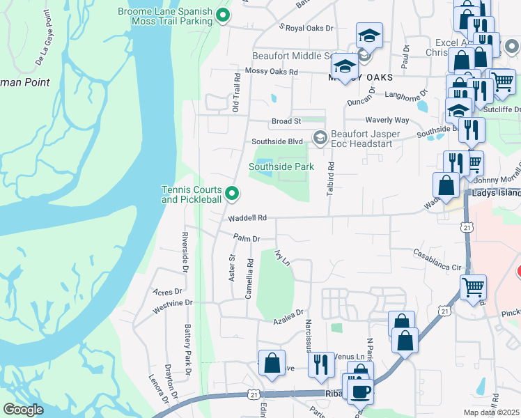 map of restaurants, bars, coffee shops, grocery stores, and more near 2805 State Road S-7-233 in Beaufort