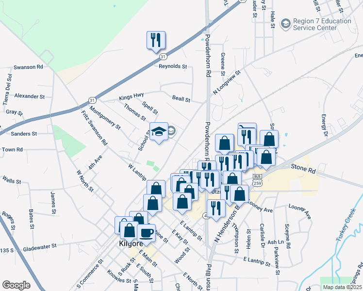 map of restaurants, bars, coffee shops, grocery stores, and more near 900 North Longview Street in Kilgore