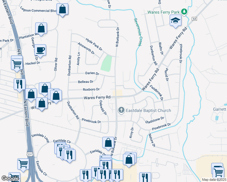 map of restaurants, bars, coffee shops, grocery stores, and more near 683 Burbank Court in Montgomery