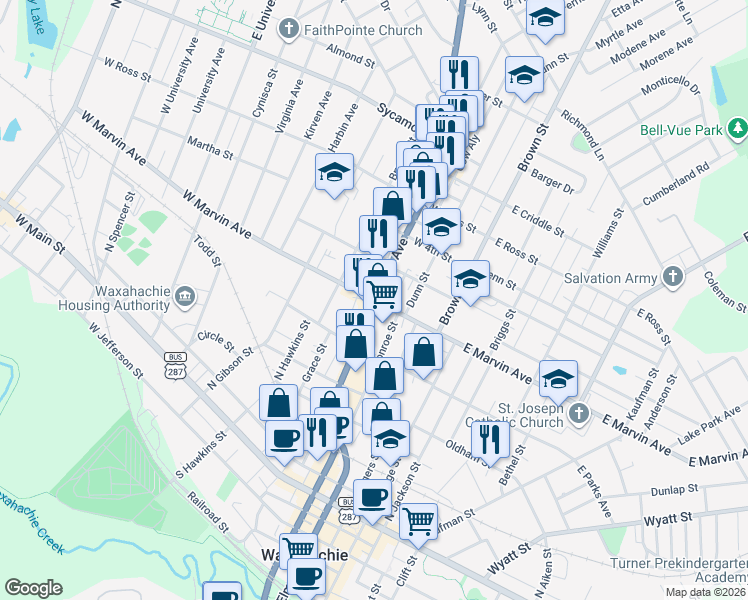 map of restaurants, bars, coffee shops, grocery stores, and more near 701 Ferris Avenue in Waxahachie